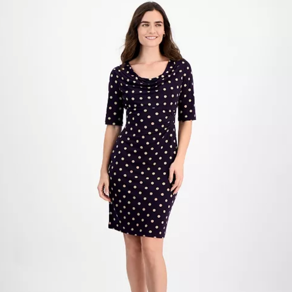 Lauren Ralph Lauren Dress Black Beige Polka Dot Cowl Neck‎ Ruched Waist 4
